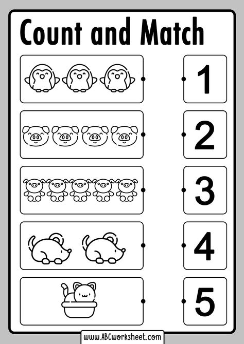 Count And Match Worksheets - Abc Worksheet image and visual related images Colours Name For Kids, Number Writing Worksheets, Counting Worksheets For Kindergarten, Kindergarten Math Free, Preschool Number Worksheets, Kindergarten Math Worksheets Free, Preschool Counting, Abc Worksheets, Matching Worksheets