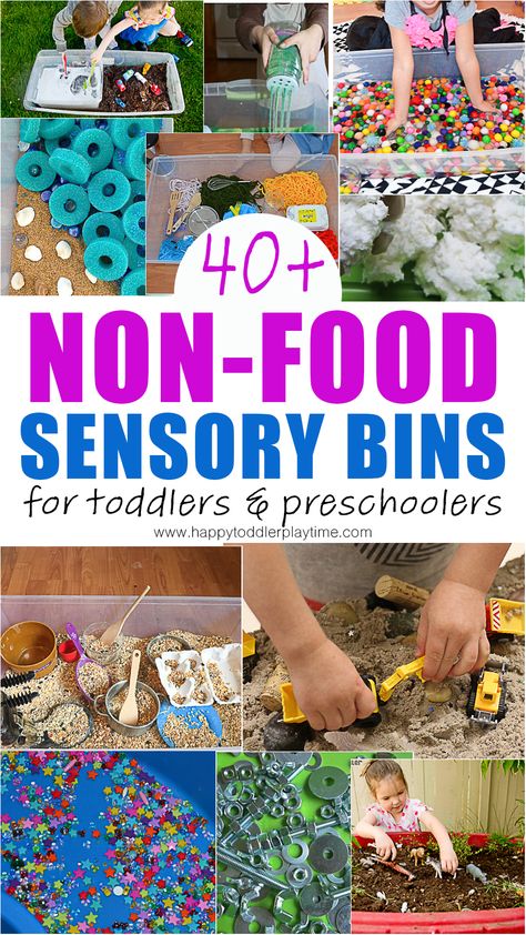 40+ non-food sensory bins. Sensory play ideas for kids using non-food sensory bin fillers from paint to yarn, shaving cream, clean mud and more! Fun and easy ideas to entertain and educate your toddler or preschooler without using food. Independent Sensory Activities, Sensory Bins Without Food, Non Food Sensory Table Ideas, Pompom Sensory Bins, Clean Sensory Bins, Easy Clean Up Sensory Bin, Non Food Sensory Bins, Yarn Sensory Bin, Low Mess Sensory Bins