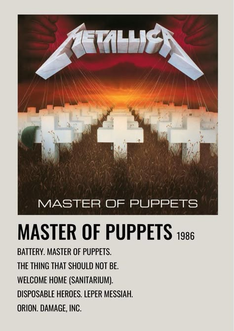 Master Of Puppets Metallica, Metallica Album Covers, Metallica 1986, Metallica Song, Metallica Albums, Metallica Cover, Minimalist Music, Music Poster Ideas, Master Of Puppets