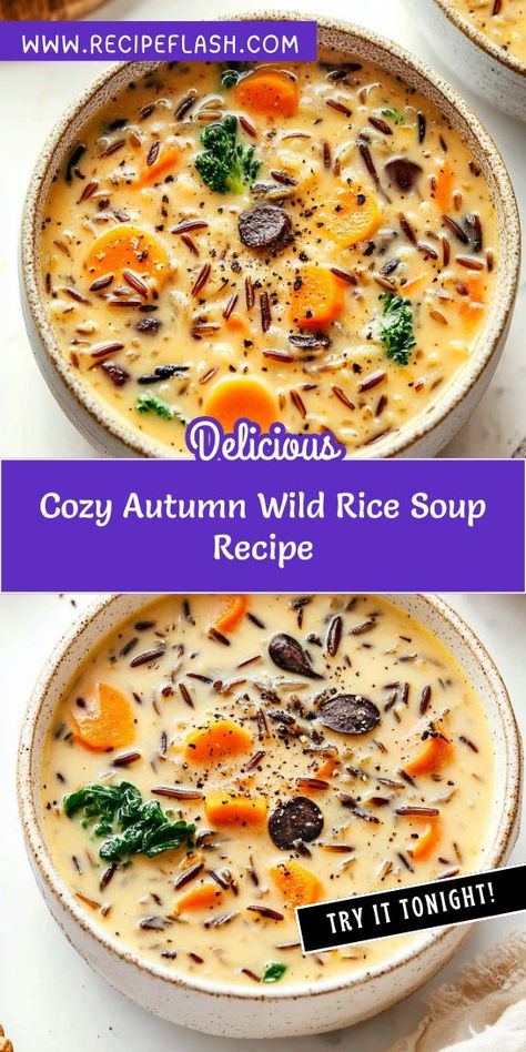 Is there anything better than enjoying a hearty soup while the leaves fall outside? This cozy autumn wild rice soup is packed with nutrients and flavor, making it a perfect meal for any occasion. Don’t forget to save this recipe for when you need a warm, comforting dish! Autumn Wild Rice Soup, Autumn Wild Rice, Food For Fall, Wild Rice Soup Recipes, Wild Rice Recipes, Fall Outside, Rice Soup Recipes, Hearty Soup, Potato Vegetable