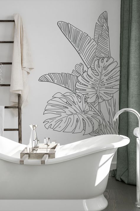 Tropical Decor Bedroom, Wall Mural Plants, Bathroom Plants Decor, Tropical Bedroom Decor, Jungle Leaves, Bathroom Plants, Modern Art Decor, Banana Leaves, Trendy Bathroom