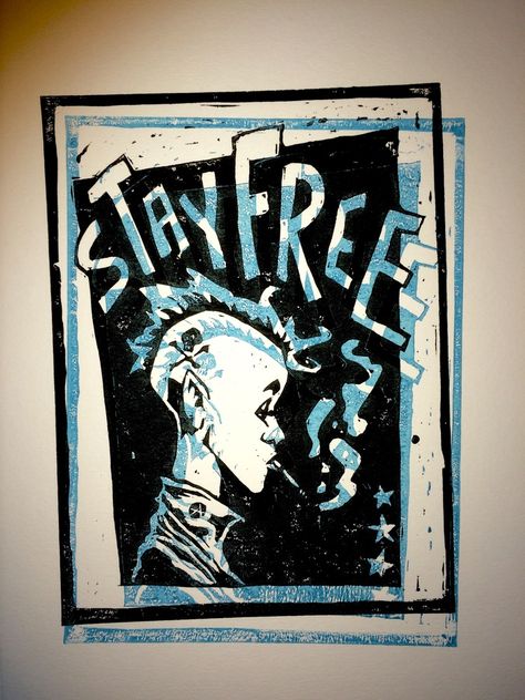 Reduction Block Printing, Lino Print Typography, Punk Lino Print, Punk Linocut, Lino Poster, Silkscreen Printing Ideas, Lino Cut Ideas, Screen Printing Ideas, Lino Print Ideas