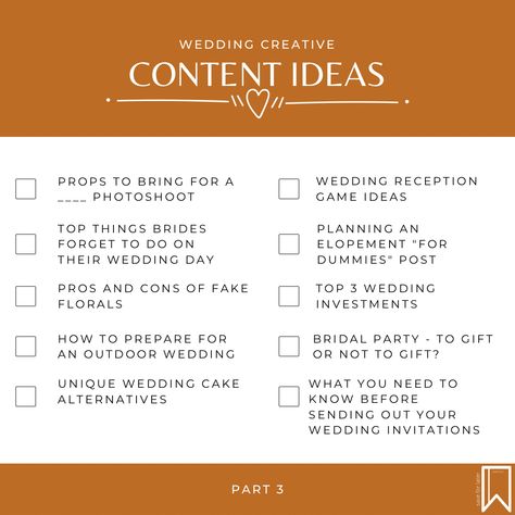 Brainstorm of wedding content for wedding photographers, calligraphers, florists, djs and event planners. content creation ideas Bridal Content Ideas, Event Content Creator, Wedding Content Creator Ideas, Wedding Content Creator, Social Media Content Ideas For Event Planners, Content Ideas For Event Planners, Event Planner Content Ideas, Sample Content Calendar, Wedding Planner Content Ideas