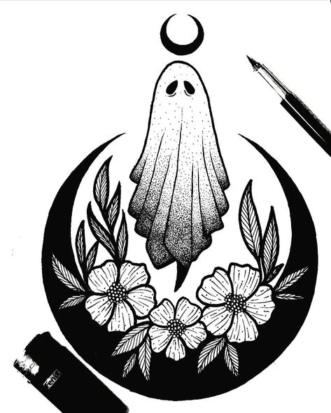 Ghost With Moon Tattoo, Spooky Moon Drawing, Halloween Inspired Tattoos Simple, Witchy Ghost Tattoo, Witchy Thigh Tattoo, Paranormal Tattoo Ideas, Horror Mandala, Witch Craft Tattoo, Witchy Moon Tattoo