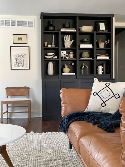 Bookshelves Flanking Tv, Big Bookcase Living Room, Black Billy Bookcase, Black Built In Bookcase, Billy Bookcase Black, Black Built Ins Living Room, Ikea Built In Hack, Built In Hack, Built In Cabinets Living Room