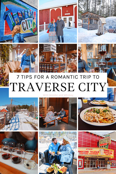 Traverse City is one of Michigan’s top travel destinations year-round. February through April is a quieter time of the year to visit Traverse City which means you’ll have your choice of the best restaurants, tasting rooms, and accommodations (and score a great rate too!). That’s what makes late winter/early spring the perfect time for a romantic getaway up north. From cozy cideries, to charming inns, to hidden gems, keep reading for my 7 Romantic Tips for a Couples Trip to Traverse City! Traverse City Outfit, Michigan Date Ideas, Traverse City Michigan Winter, Traverse City Michigan Fall, Couples Trip, Couples Weekend, Traverse City Michigan, Traverse City Mi, Couple Getaway