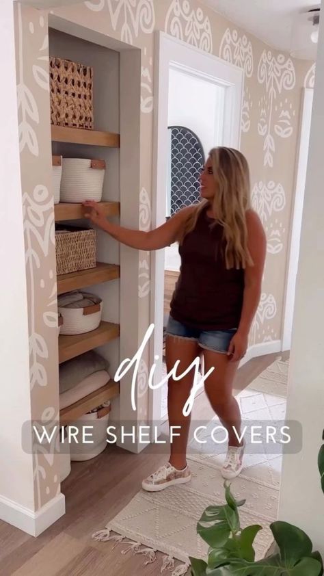 Making Over My Brother's Small Apartment Living Room - Within the Grove Faux Floating Shelves, Covering Wire Shelves, Wire Shelf Covers, Diy Home Garden, Dream Pantry, Shelf Cover, Best Hacks, Living Room Reveal, Wire Shelves