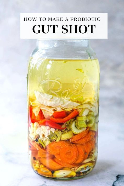 Rich in probiotics, the Gut Shot is a fermented vegetable drink that supports gut health by creating diversity in the microbiome—an easy step-by-step guide using veggies you already have with just 15 minutes of hands-on time. Feasting At Home, Fermenting Weights, Healthy Probiotics, Anise Seed, Fermentation Recipes, Fermented Vegetables, Vegetarian Cabbage, Probiotic Foods, Shot Recipes