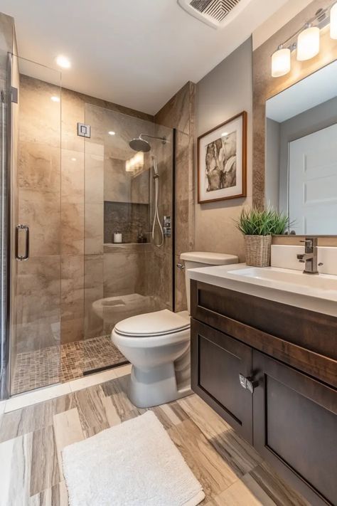 Modern bathroom with glass shower, tiled walls, wooden vanity, and decorative plants. 8x10 Bathroom Layout, Hall Bathroom Ideas, Tiny Master Bath, Small Bathroom With Shower Only, Dreamy Bathrooms, Small Bathroom Remodel Ideas, Small Bathroom Decor Ideas, Guest Bathroom Remodel, Small Bathroom With Shower