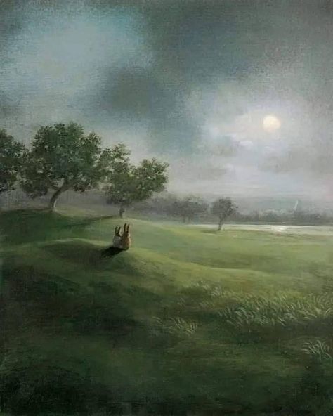 Moonlight Aesthetic, Michael Sowa, Oldenburg, Bunny Art, Arte Fantasy, Art And Illustration, Full Moon, Aesthetic Art, Painting & Drawing