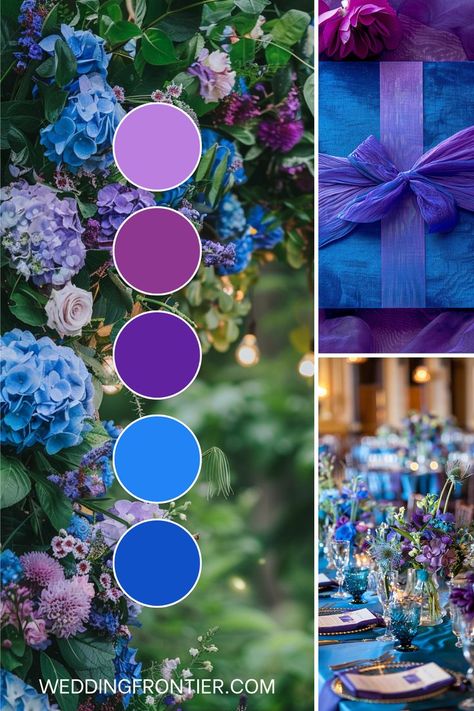 Blue and purple wedding theme ideas for a cool, elegant combination. Light Blue Purple Wedding, Purple And Blue Rustic Wedding Ideas, Purple And Navy Wedding Theme, Pink Purple And Blue Wedding Colors, Purple And Blue Spring Wedding, Jewel Colours Wedding, Underwater Wedding Theme, Wedding Colors Blue And Purple, Purple And Teal Color Palette