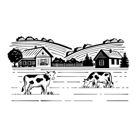 Premium Vector | Hand drawn vector landscape with village house and cows grazing in the meadow Village Vector, Cows Grazing, Vector Landscape, Landscape Reference, Design Apps, Cow Farm, British Countryside, Village House, House Vector