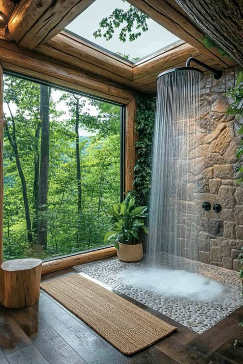 Sunroom Bathroom, Greenhouse Bathtub, River Themed Bathroom, Rainforest Shower Ideas, Romantic Shower Bathroom, Walk In Shower With Bathtub, Waterfall Shower Bathroom, Waterfall Shower Head, No Shower Door Showers