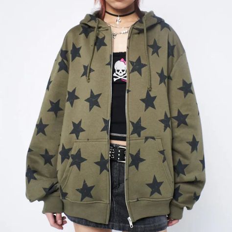 DetailsMaterial: PolyesterCollar: Hooded Grunge Outerwear, Hoodie With Stars, Star Zip Up Hoodie, Street Wear Clothes, Y2k Dark Academia, Nostalgic 2000s, Vintage Zip Up Hoodie, Emo Hoodie, Olive Green Hoodie