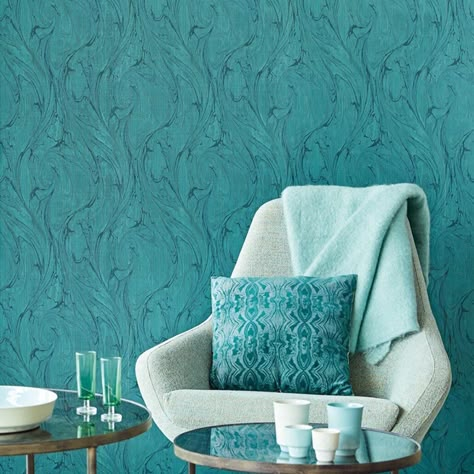 Nilaya by Asian Paints on Instagram: “A vision in glittering turquoise blue. Immerse, surround, envelop and drape your space in the glory of a shade you love. This wallcovering…” Wall Texture Design Living Rooms, Wall Designs Ideas, Teal Room Decor, Wall Colour Texture, Asian Paints Wall Designs, Textured Wall Paint Designs, Asian Paint Design, Painting Ideas Home, Teal Room