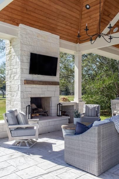 Cottage Covered Patio With Limestone Fireplace Outside Fireplace, Patio Remodel, Fireplace Seating, Living Pool, Outdoor Covered Patio, Moore House, Outdoor Fireplace Designs, Outdoor Fireplace Patio, Backyard Fireplace