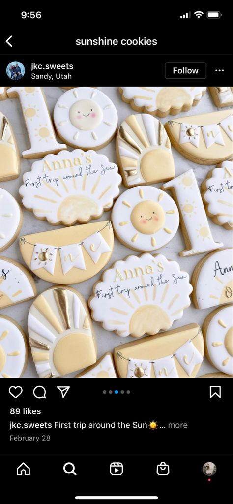 Sunshine Birthday Cakes, 1st Birthday Foods, Sunshine Cookies, Birthday Sugar Cookies, Sun Cake, Sunshine First Birthday, First Birthday Cookies, Sunshine Birthday Parties, Fancy Cupcakes