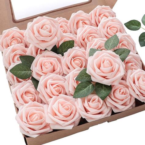 Floroom Artificial Flowers 25pcs Real Looking Blush Foam Fake Roses with Stems for DIY Wedding Bouquets Bridal Shower Centerpieces Party Decorations Pink Bridal Shower Centerpieces, Fake Roses, Wrist Flowers, Wedding Candy Boxes, Wedding Bouquets Pink, Bridal Shower Centerpieces, Making A Bouquet, Hand Flowers, Pink Bridal Shower