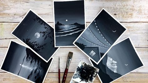 Art Black Paper, Art On Black Paper, Magical Sky, White Gouache, Magical Night, Online Art Classes, Contour Drawing, Gouache Art, Sky Painting