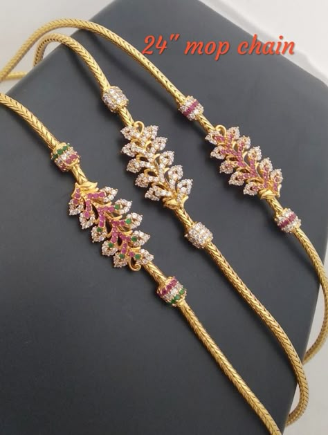 #onegramgold #temple jewelry available at Arshi's..  for bookings whatsapp on 9486115312. worldwide shipping Mangalya Chain With Mop, Mugappu Designs, Thali Designs, Thali Chains, Mugappu Chain, Pretty Gold Necklaces, Ruby Necklace Designs, Mangalsutra Chain, Kuchu Designs