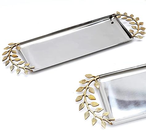 Amazon.com: Extra Long Decorative Oval Centerpiece Silver Serving Tray with Accents by Gute - Stainless Steel Metal & Brass, Gold Leaves Trim Accent Design, Serveware Foods Home Decor Gifts 21"x6" : Home & Kitchen Silver Serving Tray, Carved Tray, Silver Serving Trays, Elegant Tray, Metal Furniture Legs, Flower Tray, Fancy Dinner Party, Gold Tray, Fancy Dinner