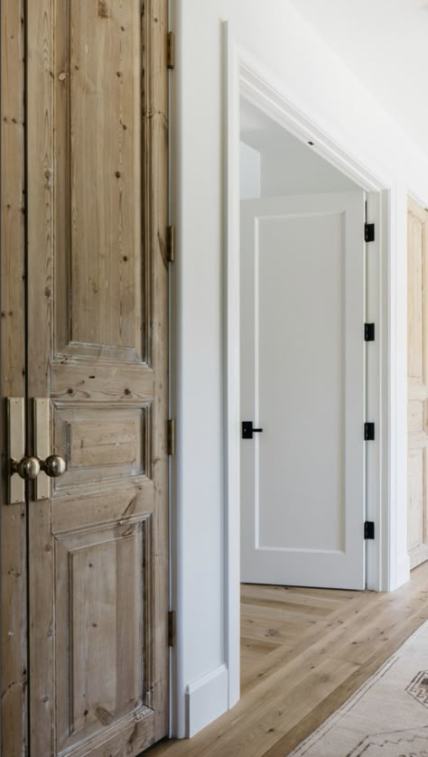 Studio Mcgee Interior Doors, Modern Cottage Interior Doors, Interior White Oak Doors, White Walls Stained Doors, Natural Doors, Changing Doors In House, Door Options, Organic Modern Doors, Transitional Interior Door