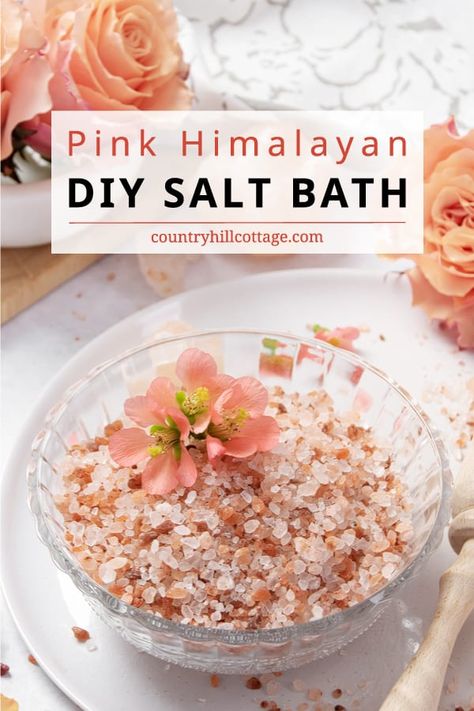 Treat yourself to a pampering bath session with a relaxing Himalayan salt bath and learn the potential benefits of pink sea salt! The homemade bath soak recipe contains nourishing pink Himalayan salt and natural essential oils to revitalize your skin, soothe sore muscles, and put your mind at ease as you relax in the tub. The DIY bath salts recipe includes variations with Epsom salt, dead sea salt, and magnesium flakes. Mineral baths can help with acne and eczema. | CountryHillCottage.com Salt Bath Recipe, Salt Bath Benefits, Diy Bath Salts With Essential Oils, Diy Bath Soak, Bath Soak Recipe, Bath Benefits, Spa Recipes, Bath Salts Recipe, Himalayan Salt Bath