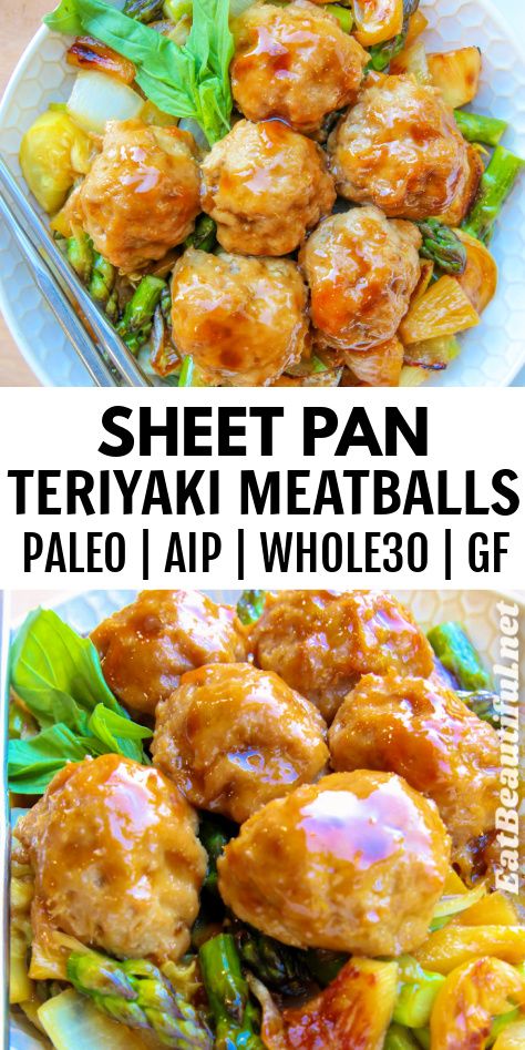 Sheet Pan Teriyaki Meatballs use either ground turkey or ground beef, you choose. Baked with a medley of veggies and an incredibly delicious Teriyaki Sauce, this sheet pan dinner is easy to bake and serve, and just so delicious! Paleo, AIP, Whole30 and Gluten-free. | sheet pan | teriyaki | meatballs | ground turkey | ground beef | aip | paleo | whole30 | gluten free || #sheetpan #teriyaki #meatballs #paleo #aip Meatballs Ground Turkey, Ground Turkey Recipes Paleo, Aip Dinners, Meatballs Paleo, Turkey Ground, Autoimmune Diet Recipes, Paleo Turkey Recipes, Gut Recipes, Paleo Turkey