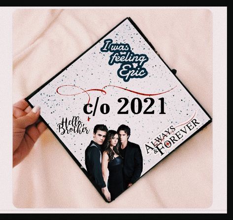 The Vampire Diaries Graduation Cap, Vampire Diaries Graduation Cap Ideas, Tvd Graduation Cap Ideas, Graduation Cap Designs Vampire Diaries, Vampire Diaries Graduation Cap, Cap Ideas For Graduation, Cap Decoration Graduation, Caps Ideas, Graduation Cap Ideas