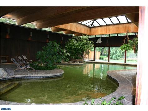 indoor retro pool? Yes Please! Wilkes Barre Pennsylvania, Stone Walls Interior, Mid Century Modern Interior Design, Adrian Pearsall, 70s Home, Retro Renovation, Custom Fireplace, Casa Vintage, Mid Century Modern Interiors