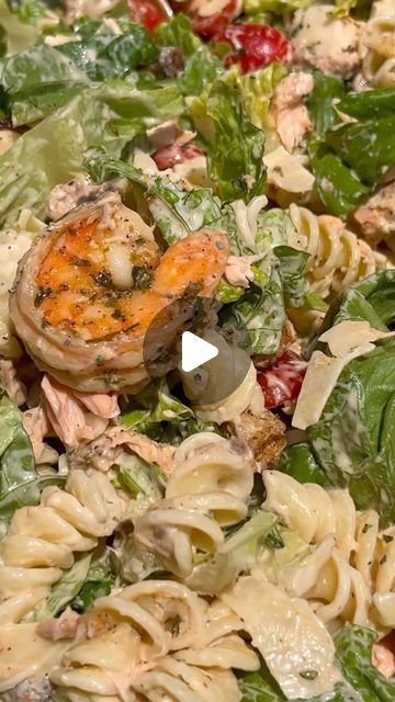 Shrimp Caesar Salad, Seafood Pasta Salad, Pasta Salad Salmon, Overnight Camp, Pasta Shrimp, Shrimp Pasta Salad, Caesar Pasta Salad, Caesar Pasta, Cheese Croutons