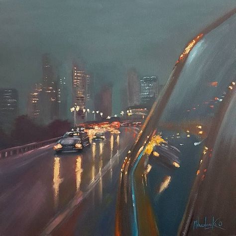 Painting Reflection, Rain Night, Night Cityscape, Road Painting, Painting City, Painting Night, Reflection Art, Modern Impressionism, Small Canvas Paintings