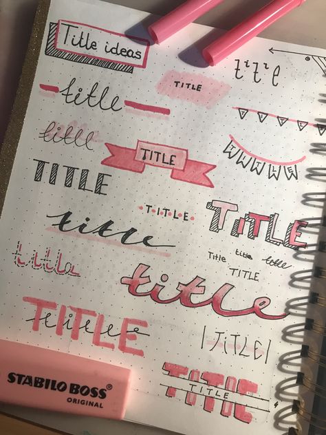 Pink bullet journal titles Collected all my favourite and easy titles :) • black pen •stablo boss highlighter • crayola super tips 💕 Aesthetic Highlighter Writing, Highlighter Title Ideas, Black Pen Border Design, Highlighter Header Ideas, Title Ideas With Highlighters, Highlighter Titles, Design Using Highlighter Pen, Highlighter Ideas Notes, Easy Highlighter Doodles