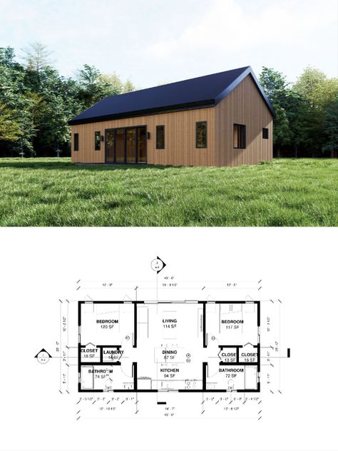 This beautiful modern cabin house plan is 20' X 40' (800 sq ft) 6m x 12m (75 S.Q.M.) and has two bedrooms and two bathrooms. The living area and kitchen in this contemporary-styled cottage have spacious windows, high ceilings, and an open floor layout. It allows you to enjoy wonderful views and have a bright interior thanks to its large sliding doors. When you buy this package, you receive all of the building's architectural drawings in PDF format. 20 By 40 House Floor Plans, 20 X 60 House Plans Layout, 800 Sq Ft Barndominium Floor Plans, 1000 Sq Ft Barndominium Floor Plans, 1000 Sq Ft Barndominium, 20 X 40 Floor Plans, 24x40 Floor Plans, 1200 Sq Ft Barndominium Floor Plans, 30 X 40 House Plans Open Floor