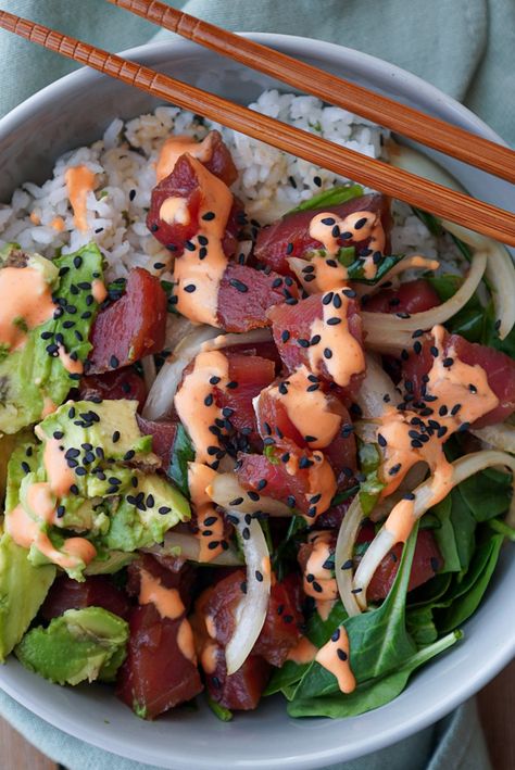 This Hawaiian-inspired poke recipe makes the perfect app or main meal—easy ingredients and super simple to make. Spicy Ahi Poke Recipe, Spicy Ahi Poke, Ahi Poke Recipe, Hawaiian Salad, Wonton Chips, Poke Recipe, Ahi Poke, Here Comes The Sun, Perfect Appetizers