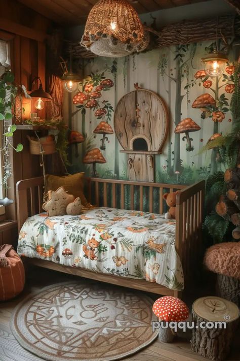 Woodland Nursery Ideas: Creating a Cozy Haven for Your Little One - Puqqu Forest Mushroom Nursery, Fantasy Forest Nursery, Enchanted Forest Nursery Theme Girl, Magic Forest Nursery, Mushroom Kids Room, Whimsical Garden Nursery, Enchanted Forest Theme Nursery, Cottage Core Baby Room, Toadstool Nursery