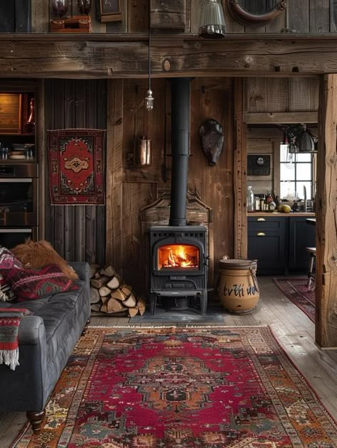 Old Hunting Cabin, Hearth Aesthetic, Cabin Interiors Rustic Decorating Ideas, Victorian Cabin, Cabins In The Woods Interior, Cabin Room Ideas, Cabin In The Woods Aesthetic, Cozy Wooden House, Painted Log Home Interior