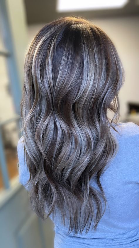 Hair Color To Blend Grey Hair Dark Brown, Hair Color To Cover Gray Hair Brown, Grey Hair Coverage Ideas For Brown Hair, Light Brown Hair With Gray Highlights, Grey Light Brown Hair, Grayish Blonde Hair Ash Brown, Cover Grey Hair Brunette, Ash Grey Highlights On Dark Hair, Dark Hair Ash Highlights