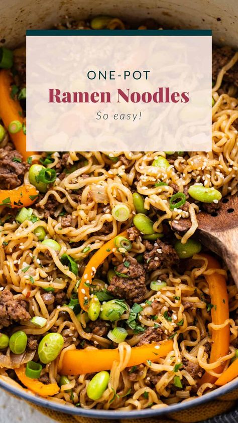 One-Pot Ground Beef Ramen Noodles - Fit Foodie Finds Ground Beef Ramen Crockpot, Recipes Using Ramen Noodles Ground Beef, Ground Beef With Ramen Noodles, Ramen Ground Beef Recipes, Instant Pot Beef Ramen, Ground Beef Ramen Skillet, Steak Ramen Noodle Recipes, Ramen Ground Beef, Ground Beef Ramen Noodle Recipes