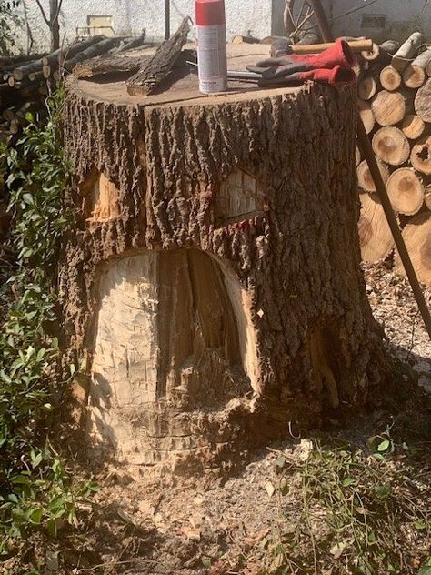 Gnome Home | Hometalk Hobbit House Tree Stump, Tree Stump Ideas Garden Fairy Houses Gnome Door, Gnome House Diy Tree Stump, Knome Houses Tree, Gnome House Tree Stump, Tree Stump Fairy House Diy Ideas, Gnome Home Tree Stump, Gnome Houses From Tree Stumps, Tree Stump Gnome House