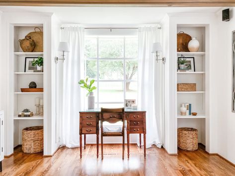 white office in living room with built-in shelves and desk in front of window Converted Closet, Diy Built In Shelves, Closet Conversion, Modern Coastal Living Room, Closet Built Ins, Narrow Rooms, Living Room Reveal, Sink Ideas, Small Doors