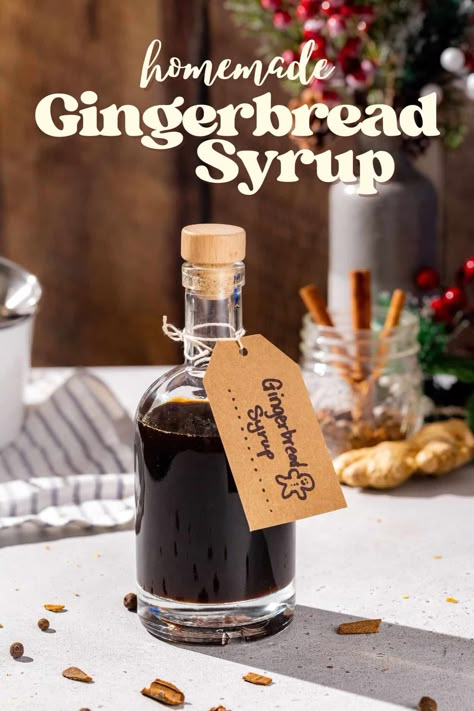 This Gingerbread Syrup recipe is an easy homemade simple syrup that tastes just like a liquid gingerbread cookie. Perfect for Christmas cocktails, pancakes or for a delicious homemade Gingerbread latte! A bottle of this syrup would also make the perfect holiday gift. Easy Homemade Syrup, Gingerbread Latte Syrup, Homemade Simple Syrup, Pancake Syrup Recipe, Homemade Coffee Syrup, Christmas Pancakes, Gingerbread Syrup, Homemade Gingerbread, Ginger Molasses