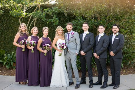 Dark Purple And Gray Wedding, Purple Bridesmaid Dresses And Groomsmen, Bride Groom Bridesmaids Groomsmen, Purple And Grey Wedding Party, Purple Wedding Groomsmen, Purple Groomsmen Attire, Grey Suit With Purple, Purple Wedding Groom, Groomsmen Attire Purple