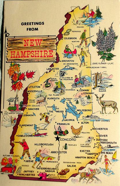 Greetings from New Hampshire map postcard New England States, New England Travel, Awesome Places, Illustrated Map, State Map, Exeter, England Travel, North Dakota, Photoshoot Inspiration