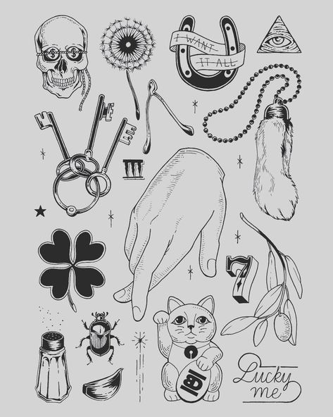 Good Luck Tattoo, Lucky Tattoo, Luck Tattoo, Type Tattoo, Good Luck Symbols, Lucky Symbols, Tattoo Flash Sheet, Illustration Art Design, Folk Art Flowers