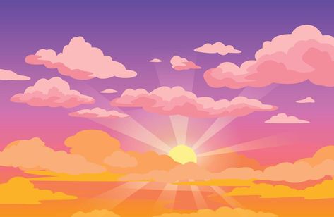 Sunrise Animation, Sunset Animation, Sunset Cartoon, Cartoon Sunset, Yellow Cloud, Sky With Clouds, Sky Digital, Cartoon Sun, Sky Anime