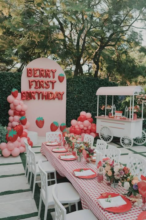 1 - Berry_themed_first_birthday_party Baby Girl First Birthday Party Theme, 1st Berry Birthday, 1 St Birthday Girl Year Old Ideas, Berries Birthday Theme, 1st Birthday Berry Theme, 1st Birthday Themes February, Kids First Birthday Party Ideas, Berry Sweet 1st Birthday Decorations, Girl First Birthday Party Ideas Summer