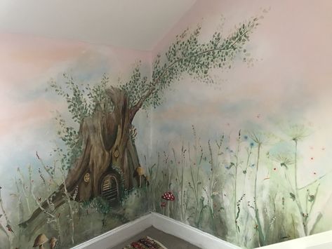 Enchanted tree mural in fairy meadow Fairy Forest Mural, Hand Painted Woodland Mural, Nature Mural Nursery, Woodland Mural Diy, Enchanted Forest Wall Mural, Narnia Mural, Forest Mural Nursery, Fairy Forest Nursery, Forest Nursery Mural