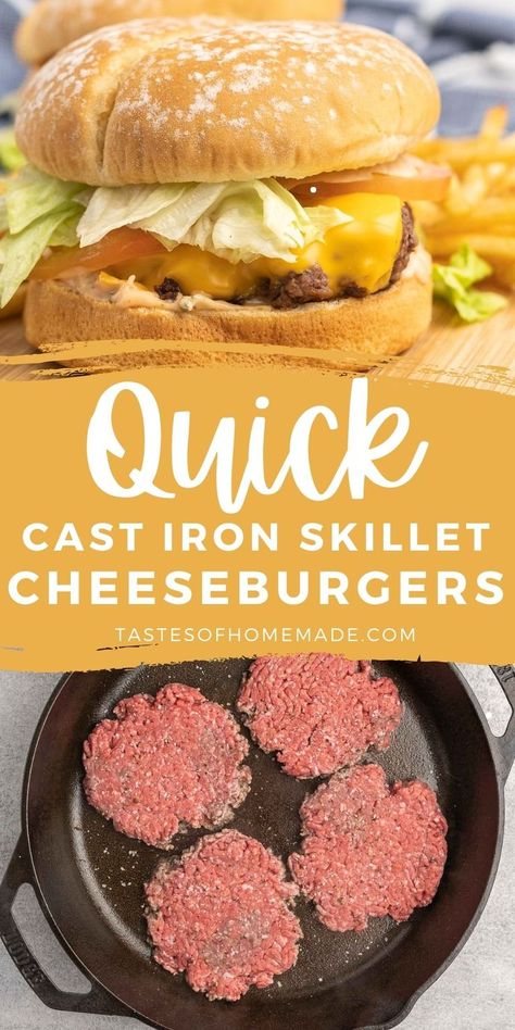 Top photo is a prepared cheeseburger on a soft bun with lettuce, tomato and cheese.  Bottom photo is four flattened hamburger patties, seasoned with salt and pepper in a cast iron skillet. Stovetop Cheeseburger, Cast Iron Skillet Burgers, Mini Apple Cheesecake, Apple Crisp Mini, Fried Mac And Cheese Balls, Stovetop Burgers, Skillet Burgers, Cast Iron Burgers, Burgers On The Stove