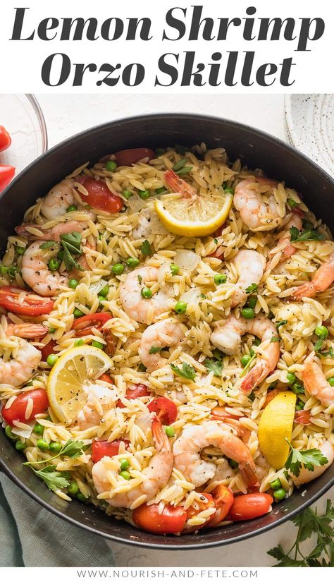 One Pot Lemon Shrimp Orzo is ridiculously tasty and ridiculously easy to make. With tender orzo, plump shrimp, and simple veggies mixed in, this is a true one pan, 30 minute meal you will love. One Pot Lemon Orzo Shrimp, Lemon Shrimp Orzo, Orzo Shrimp, April Recipes, Lemon Pepper Shrimp, Shrimp Orzo, Orzo Recipe, Pescetarian Recipes, Lemon Shrimp